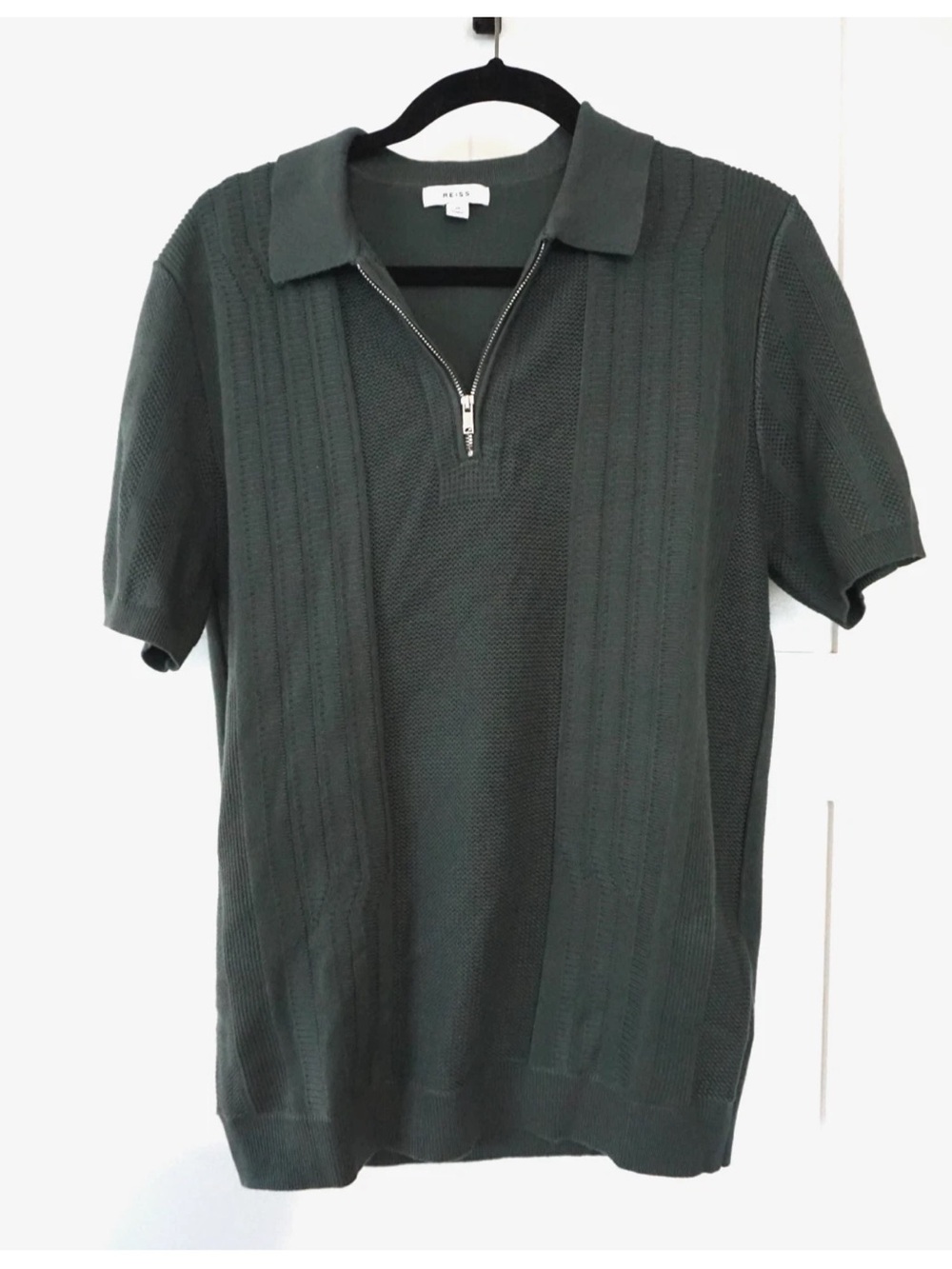 Reiss Mens Half-Zip Textured-Knit Polo Shirt Short Sleeve Green Medium